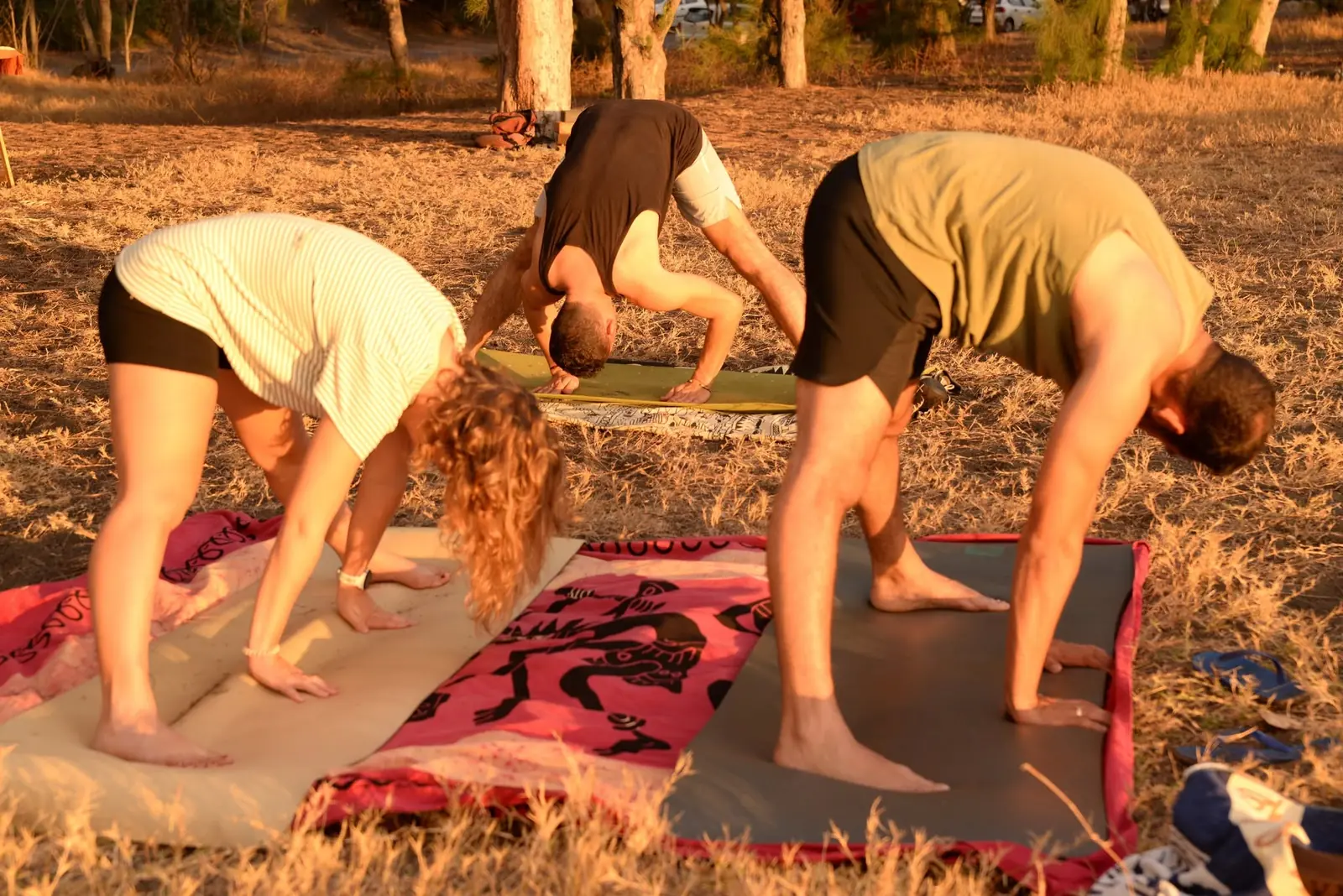 Cours de hatha yoga en plein air à La Réunion, flexion avant en groupe